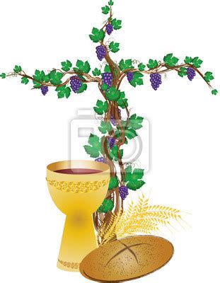 ilustrácia rôznych symbolov Eucharistie (chlieb, víno, Baránok, kalich)