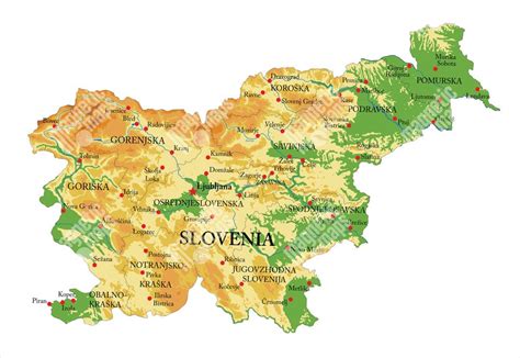 Mapa Slovinska s vyznačenými hlavnými mestami regiónov a pohoriami.