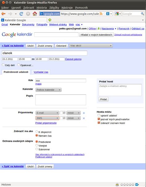 Screenshot pridávania udalosti do Google Kalendára