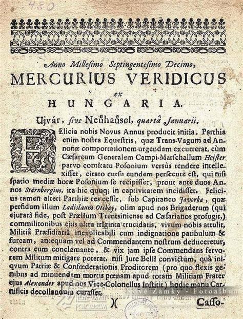 Titulná strana novín Mercurius Veridicus ex Hungaria so správou o prehratej bitke