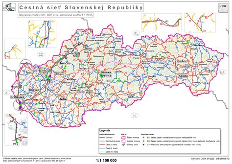 Schéma cestnej siete Slovenska s vyznačením úsekov podliehajúcich zákazu jazdy pre nákladnú dopravu
