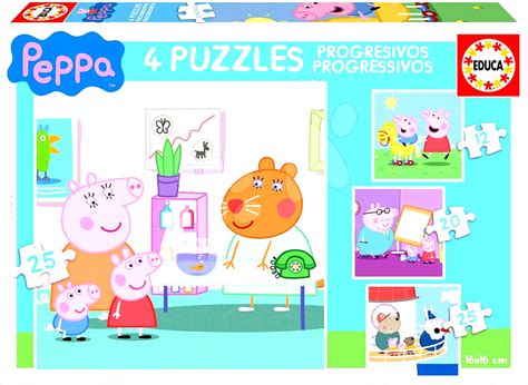 ukážka rôznych druhov puzzle s motívom Peppa Pig vhodných pre deti od 3 rokov