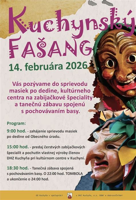 Ilustrácia historických fašiangových osláv v dedine, sprievod masiek a ľudí v tradičných odevoch