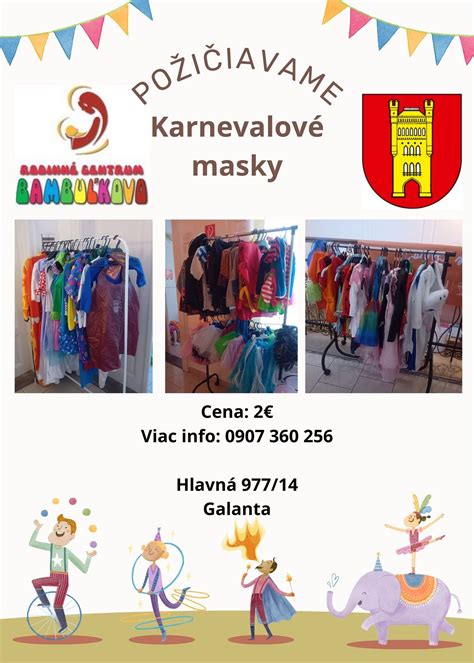 pestrá kolekcia detských karnevalových kostýmov na vešiakoch, s rôznymi tematickými prvkami ako masky a plášte