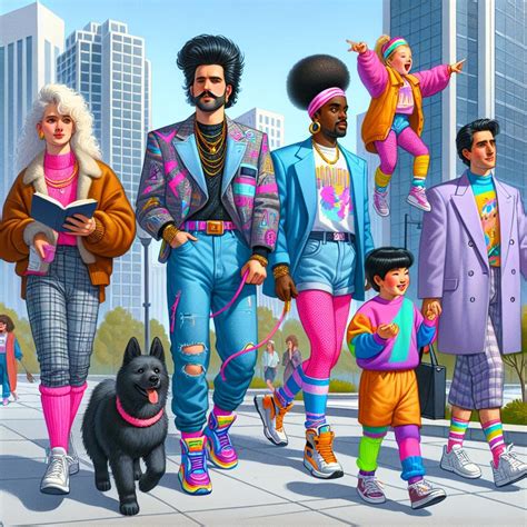 Muž v oblečení inšpirovanom 80. rokmi, s retro účesom a doplnkami