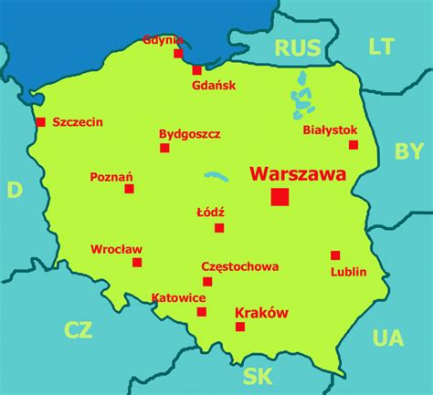 Mapa Poľska s vyznačenými významnými mestami