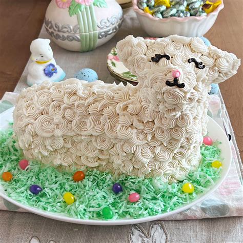 Variety of decorated Easter lamb cakes