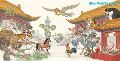 Ilustrácia všetkých 12 zvierat čínskeho zverokruhu