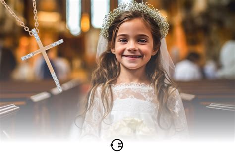 Dievča v bielych šatách na prvé sväté prijímanie, s venčekom vo vlasoch