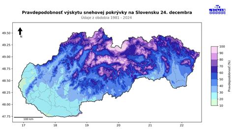 Mapa pravdepodobnosti výskytu snehovej pokrývky na Slovensku počas vianočných sviatkov podľa nadmorskej výšky