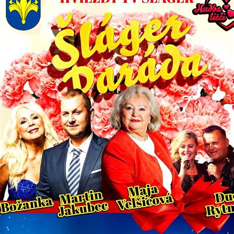 Fotografia rôznych účinkujúcich zo Šláger Parády, vrátane Maji Velšicovej, Martina Jakubca a Evy Mázikovej.