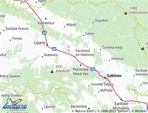 mapa regiónu Šariš s vyznačenou polohou obce Červenica pri Sabinove