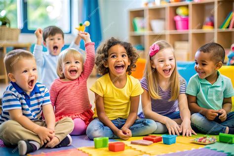 Thematic photo of children playing happily in a kindergarten setting
