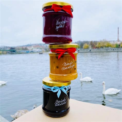 Fotografia rôznych domácich pochúťok: džem v pohári, ružové želé, vianočné pečivo, fľaša domáceho likéru