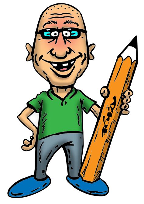 karikatúra usmievavého učiteľa s hromadou kníh a písomiek