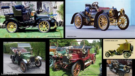 dobová ilustrácia prvých automobilov a konských povozov na prašných cestách