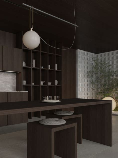 Interiér štýlovej, modernej kuchyne v tmavých tónoch s podsvietením