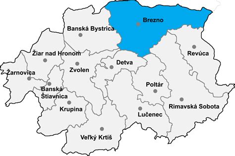 Mapa okresu Brezno s vyznačenými ubytovacími zariadeniami