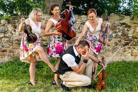 Ilustrácia rôznych sláčikových zoskupení (kvarteto, trio, duo, orchester) a organistu s huslistom