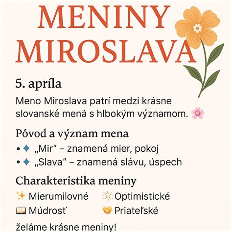 infografika s významom mena Miroslava (mier, sláva, slovanský pôvod)