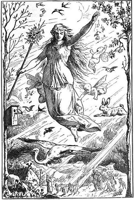 Ilustrácia germánskej bohyne Ēostre so zajacom a jarnými symbolmi