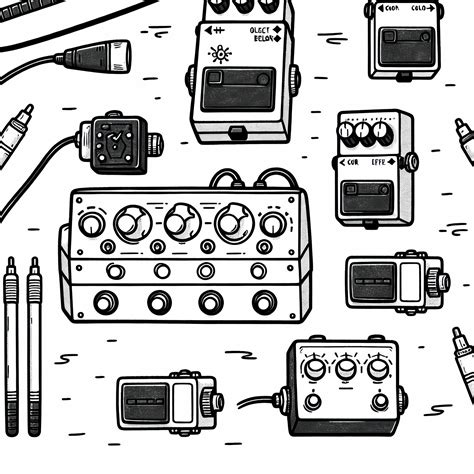 Ilustrácia rôznych gitarových efektových pedálov