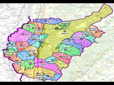 mapa okresu Malacky s vyznačenými mestami Malacky a Stupava