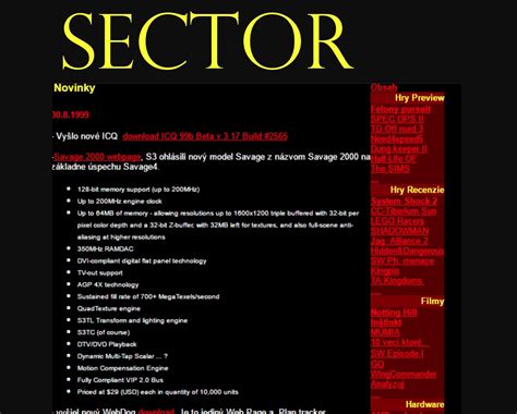 Prvý jednoduchý HTML dizajn webu Sector.sk z roku 1999