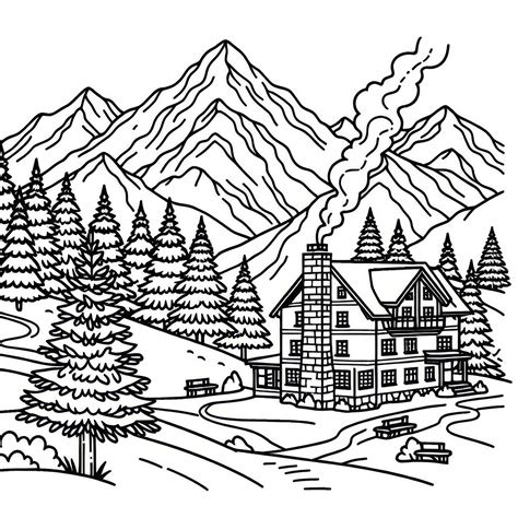 Zasnežená horská chata s dymiacim komínom a vianočnou výzdobou v pozadí zasnežené hory