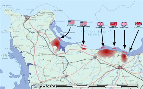 mapa vylodenia spojeneckých vojsk v Normandii s vyznačením jednotlivých pláží