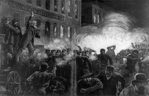 Historická ilustrácia bombového útoku na Haymarket Square
