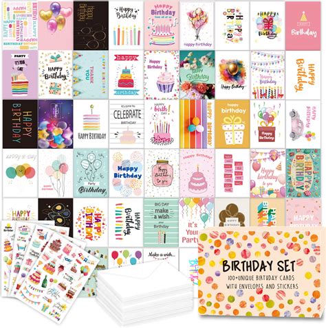 Ukážková kolekcia personalizovaných narodeninových pohľadníc s rôznymi grafickými motívmi.