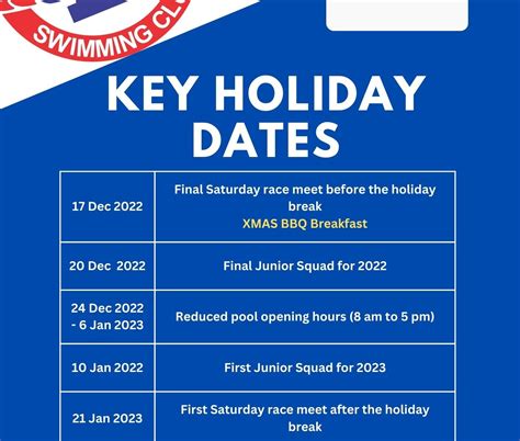 Table illustration of key holiday dates
