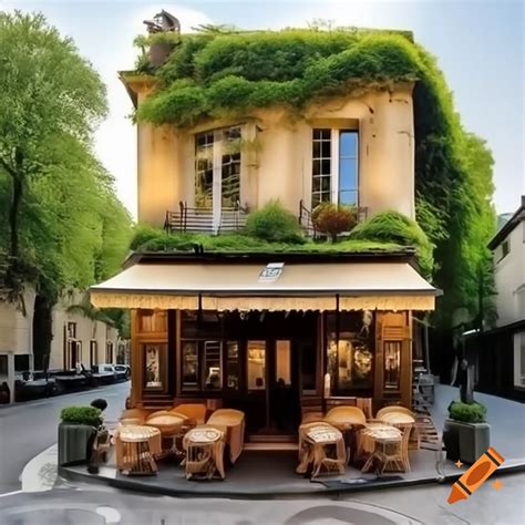 The charming exterior of Cafe Elizabeth in Piestany, covered in ivy and flowers, with peacocks in the background
