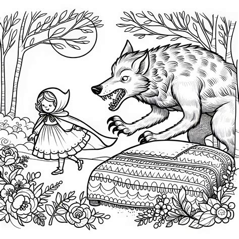 Ilustrácia lovca zachraňujúceho Červenú čiapočku a starú mamu z brucha vlka.