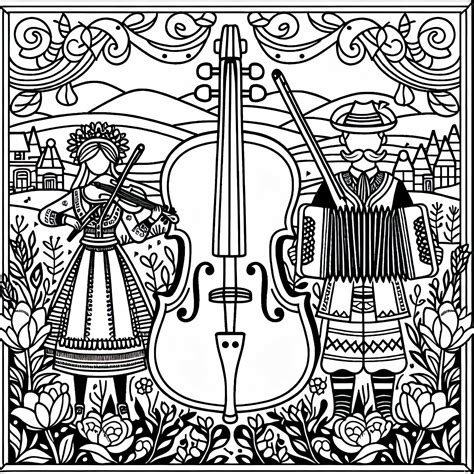 Ilustračná kresba slovenského ľudového tanca s hudobníkmi a tanečníkmi v krojoch