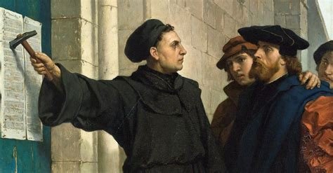 Martin Luther pribíja 95 téz na dvere zámockého kostola vo Wittenbergu