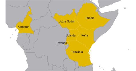 Mapa Afriky so zvýraznenými krajinami, v ktorých Dobrá novina realizuje rozvojové projekty (Etiópia, Južný Sudán, Uganda, Keňa).
