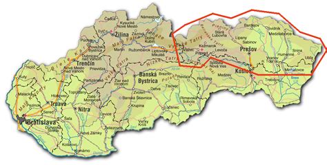 Mapa Prešovského samosprávneho kraja so susediacimi krajmi a štátmi