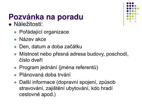 Ilustrácia znázorňujúca štruktúru a obsah pozvánky na pracovnú poradu.