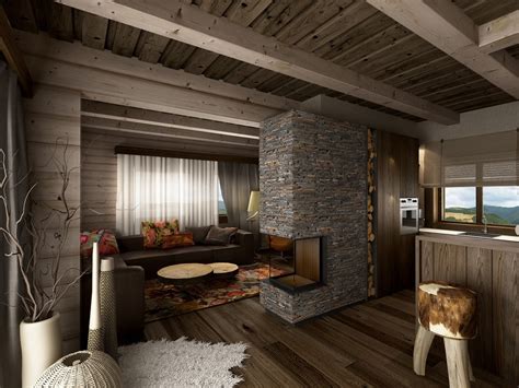 detail interiéru modernej drevenice s krbom a dreveným nábytkom