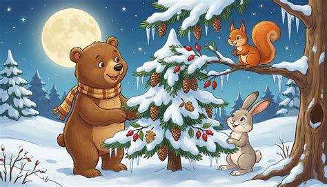 Ilustrácia zvieratiek zdobiacich vianočný stromček v lese