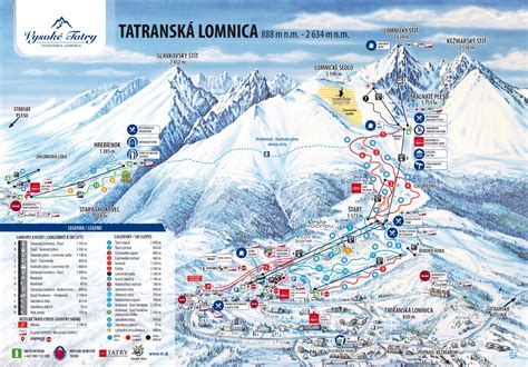 Mapa Vysokých Tatier s vyznačenými strediskami Starý Smokovec, Tatranská Lomnica a Štrbské Pleso