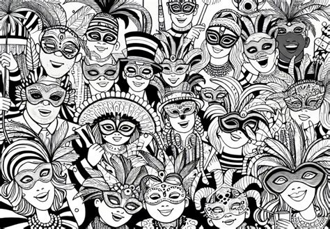 Ilustrácia detského karnevalu s rôznymi maskami a veselou atmosférou