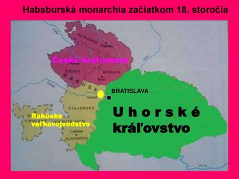 Historická mapa habsburskej monarchie s vyznačenými českými krajinami a Uhorským kráľovstvom