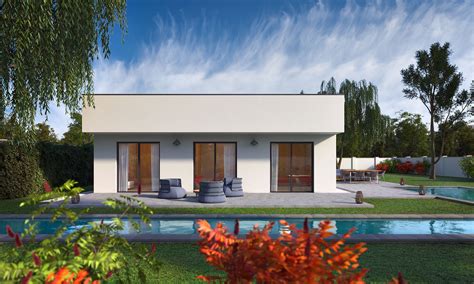 Moderný rodinný dom s plochou strechou a presklenými plochami