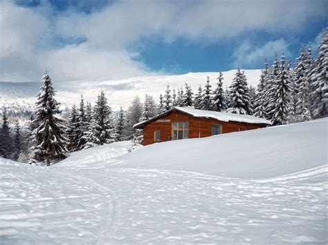 Útulná, jednoduchá chata v zasneženej krajine