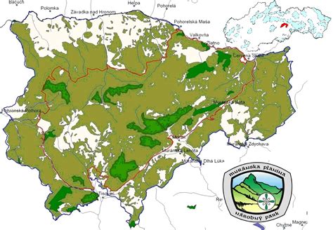 Mapa rekreačnej oblasti Predná Hora s vyznačením Národného parku Muránska planina a okolitých obcí.
