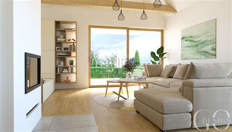 Ilustrácia interiéru domu s modernými prvkami a ukážka záhrady