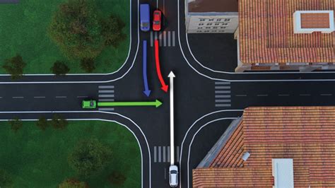 Dopravná schéma: Dve autá na križovatke, modré ide prvé, červené druhé podľa pravidla pravej ruky